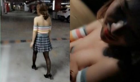 网红曼曼时尚演绎黑丝短裙美女地下停车场取车时被尾