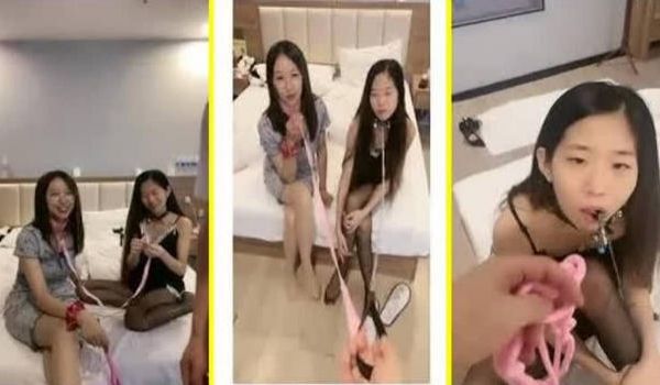 酒店调教两个小奴，项圈链子牵着，性感丝袜美腿，翘